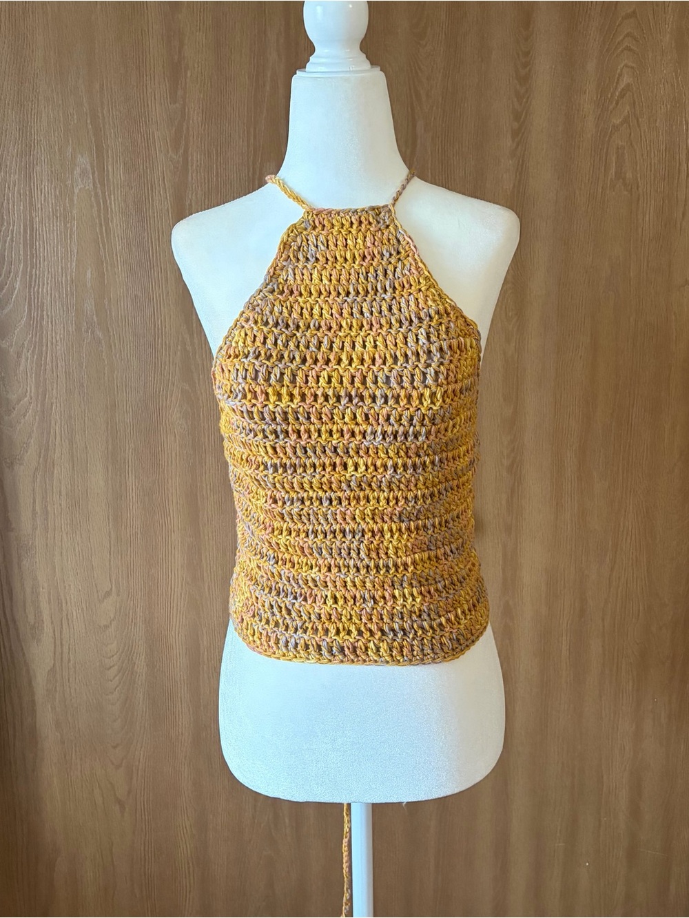 Yellow crochet halter top with adjustable straps